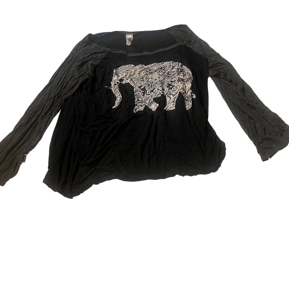 Nolita Sky Womens Black Gray Long Sleeve mosaic Elephant print shirt XL Stretch